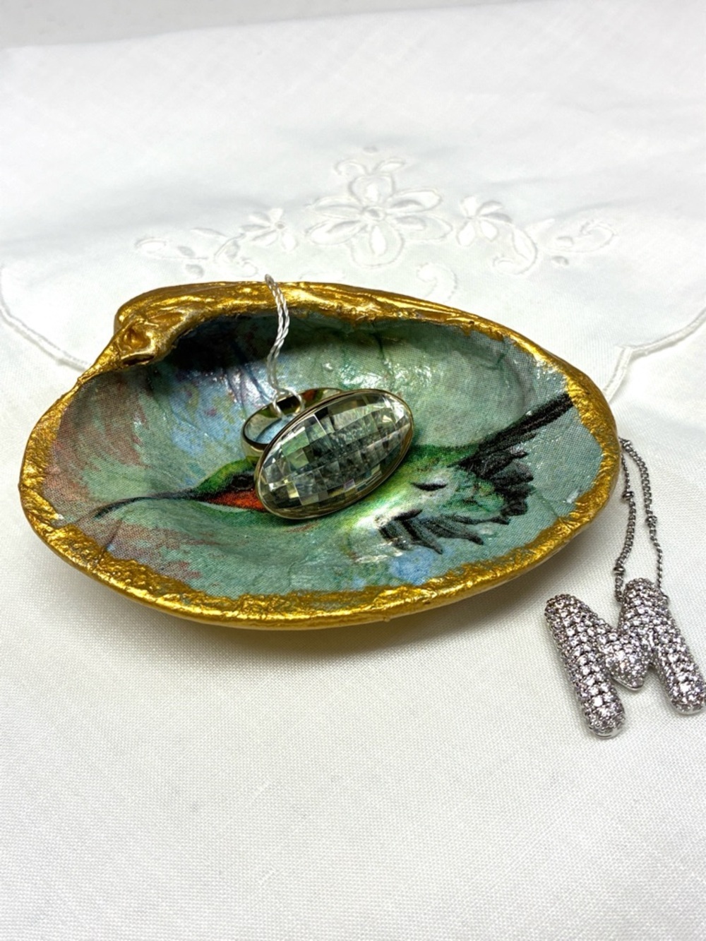 Handcrafted Hummingbird Shell Ring Trinket Dish Gold Trim